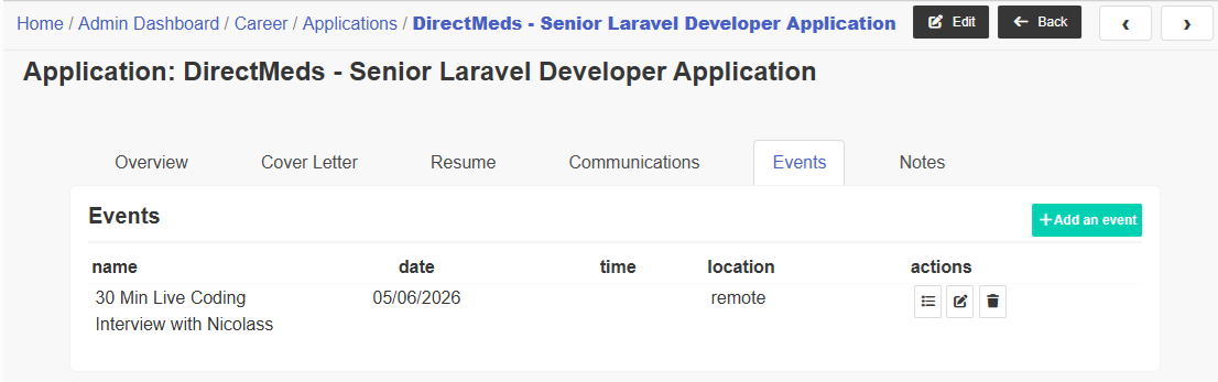 application events listing